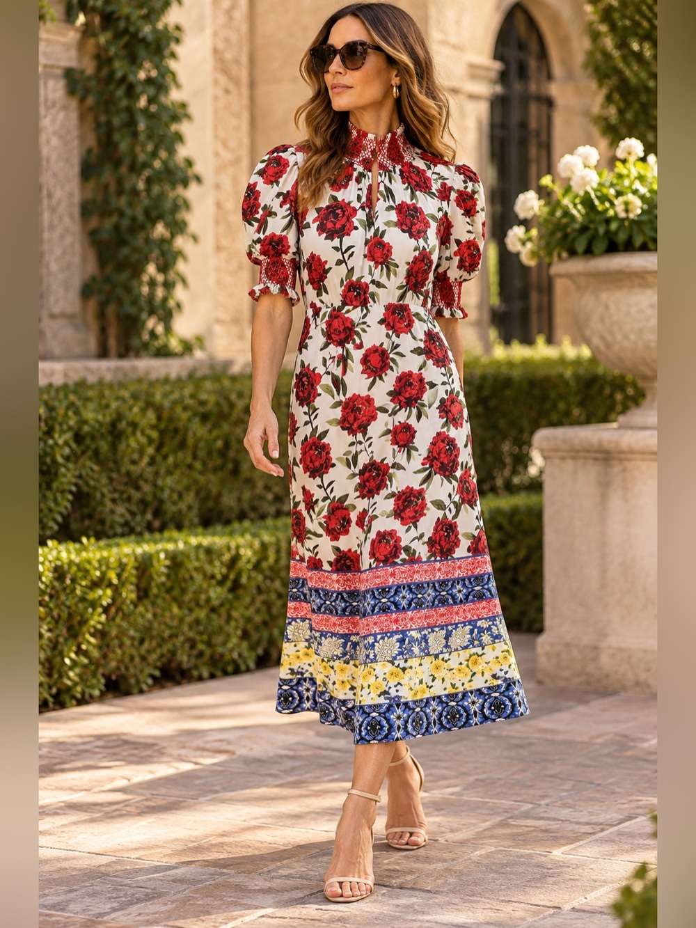 Alice and Olivia Silva Mix Print Floral Rose Mock Neck Maxi Dress Red sz 4/6